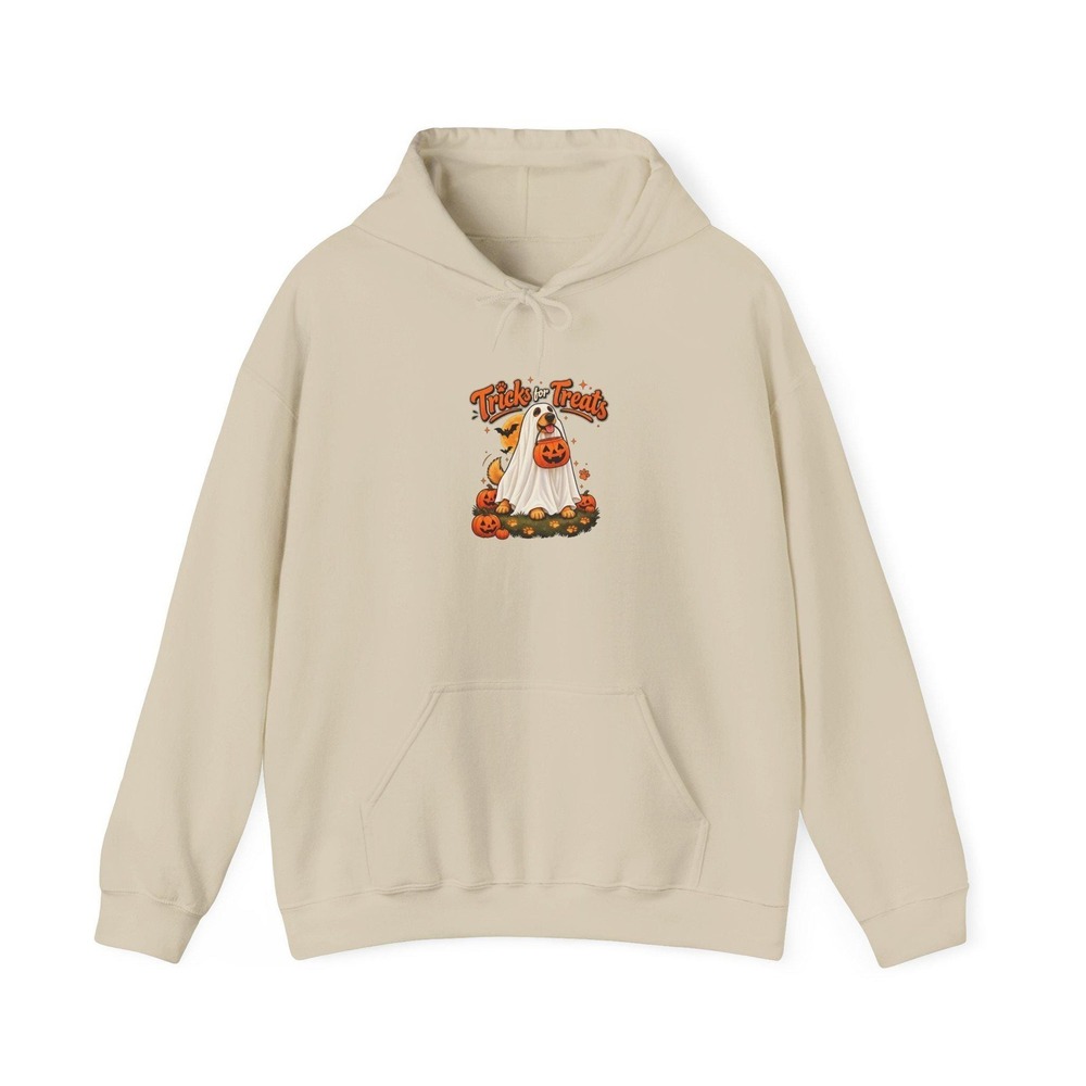 Tricks for Treats Halloween Hoodie Ghost Dog Pumpkin Gildan 18500 Sweatshirt